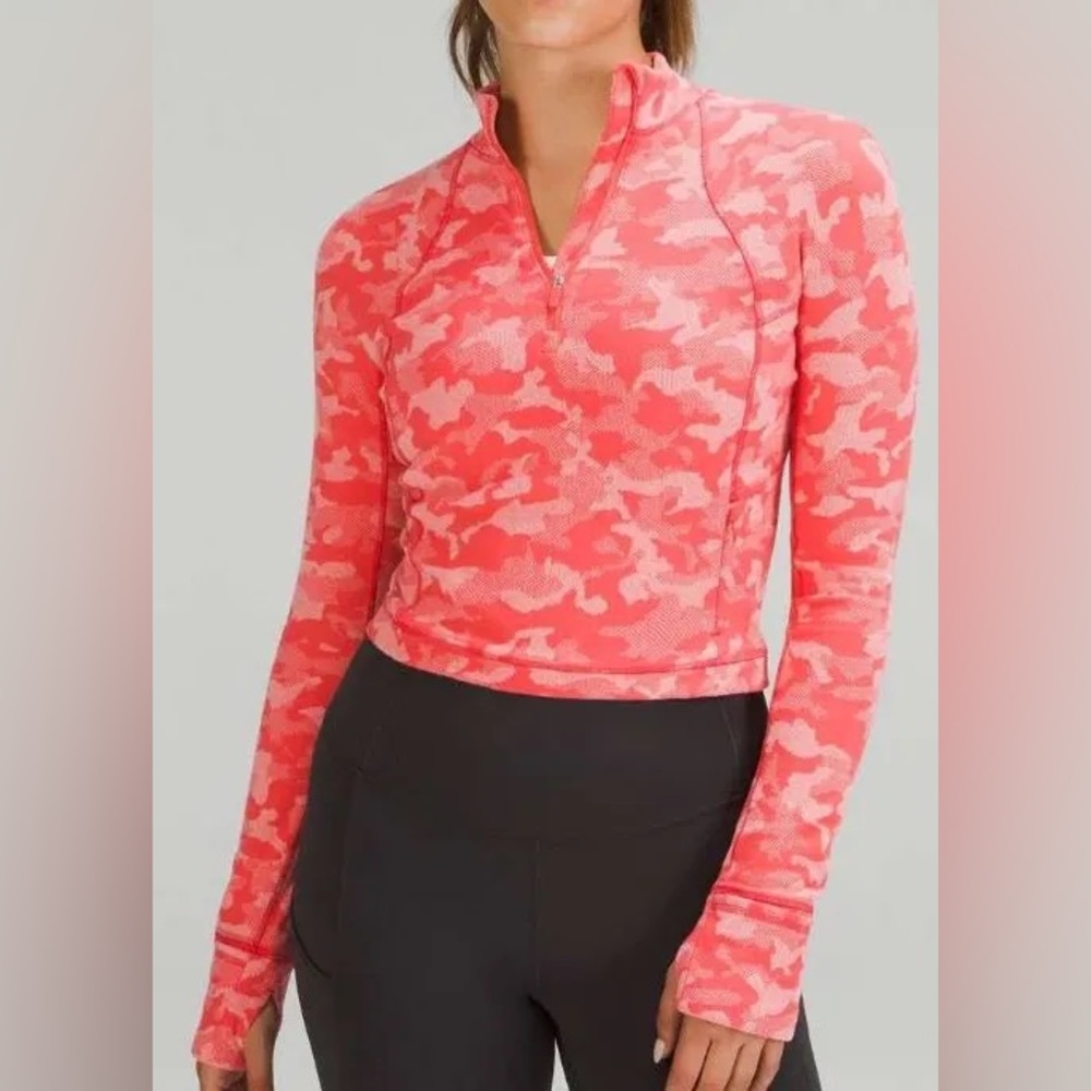 Lululemon Run Cropped Fleece Half Zip in Camo Orange, size 10